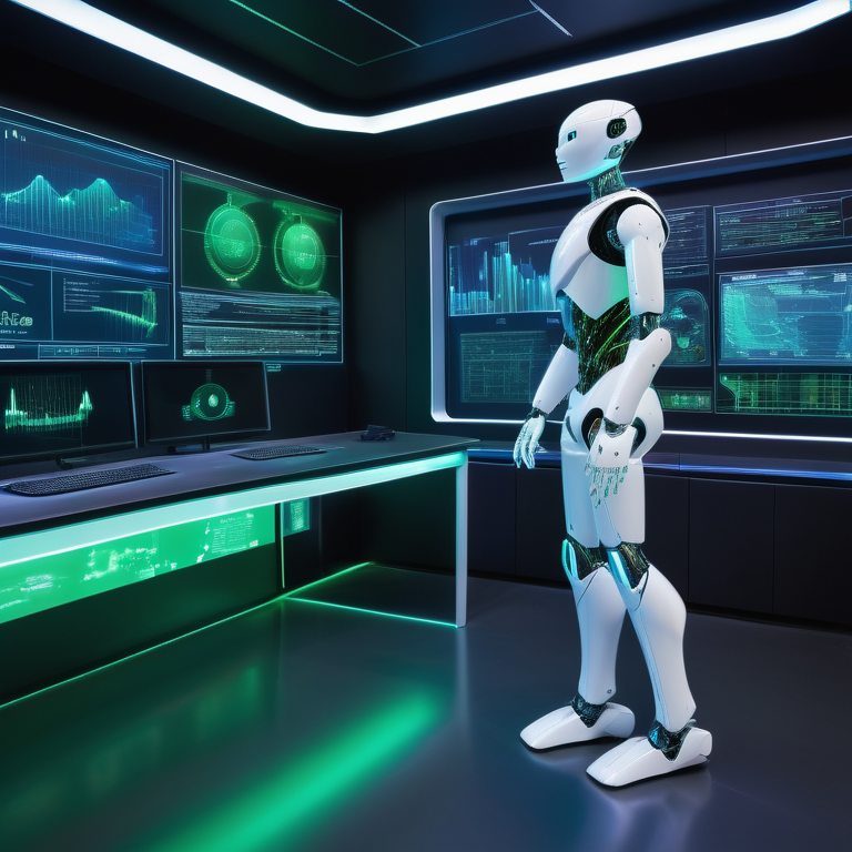 Futuristic control room with a robot analyzing holographic data, symbolizing advanced business intelligence.