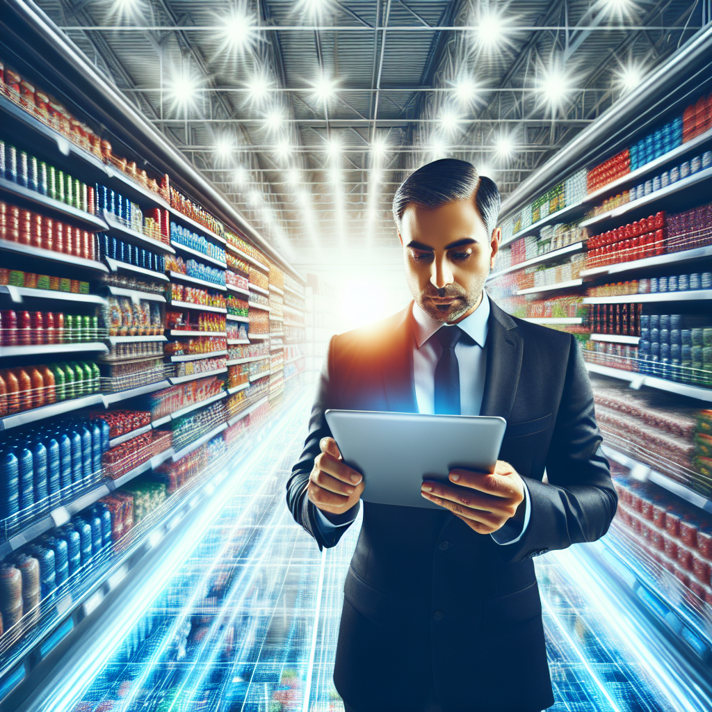 Businessperson in suit checking tablet in well-stocked, vibrant supermarket aisle.