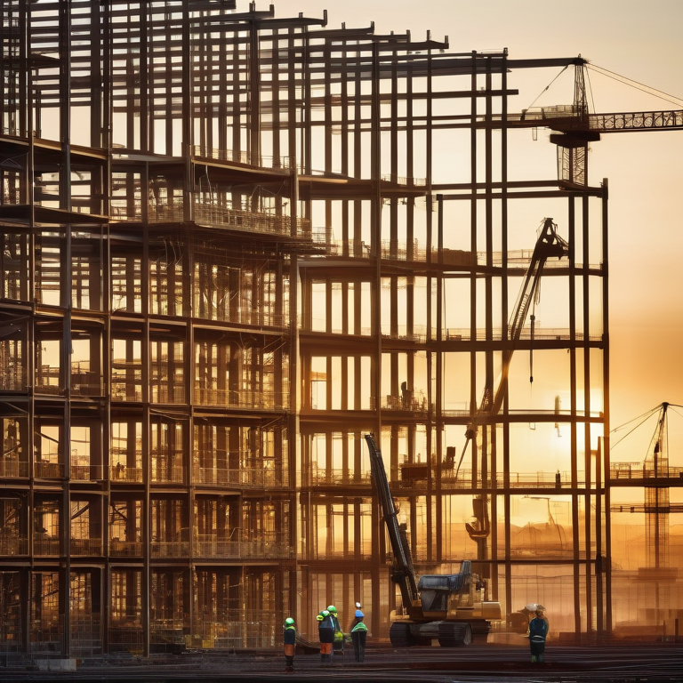 Construction workers using digital tablets at a dawn-lit site with cranes and scaffolding.